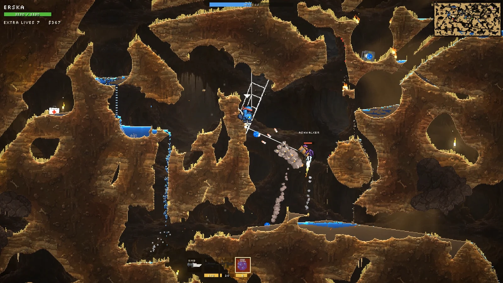 Tunnels and standing water cut through a dark Dunes map
